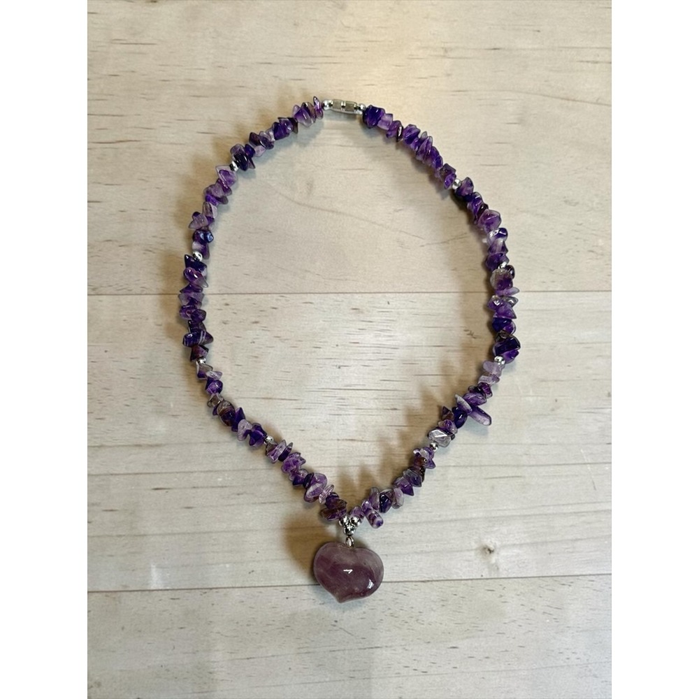 16" Amethyst Chip Necklace Purple Heart Pendant Boho